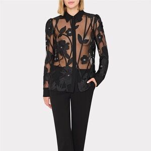 MILLY Ashton Grand Fleur Embroidered Top Black Medium $395